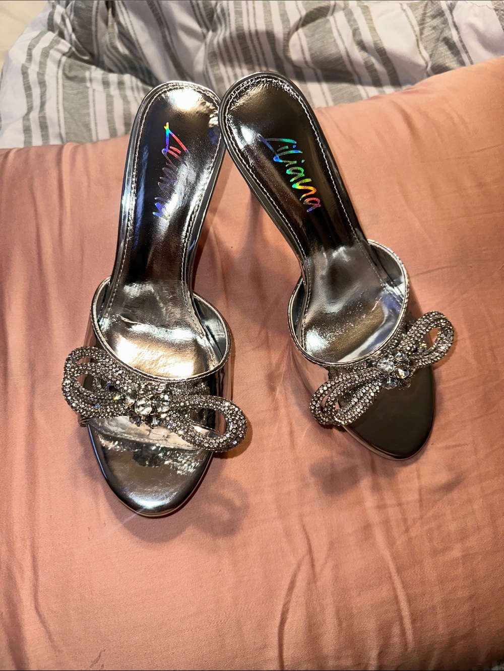 Liliana Silver Crystal Bow Slide Heels